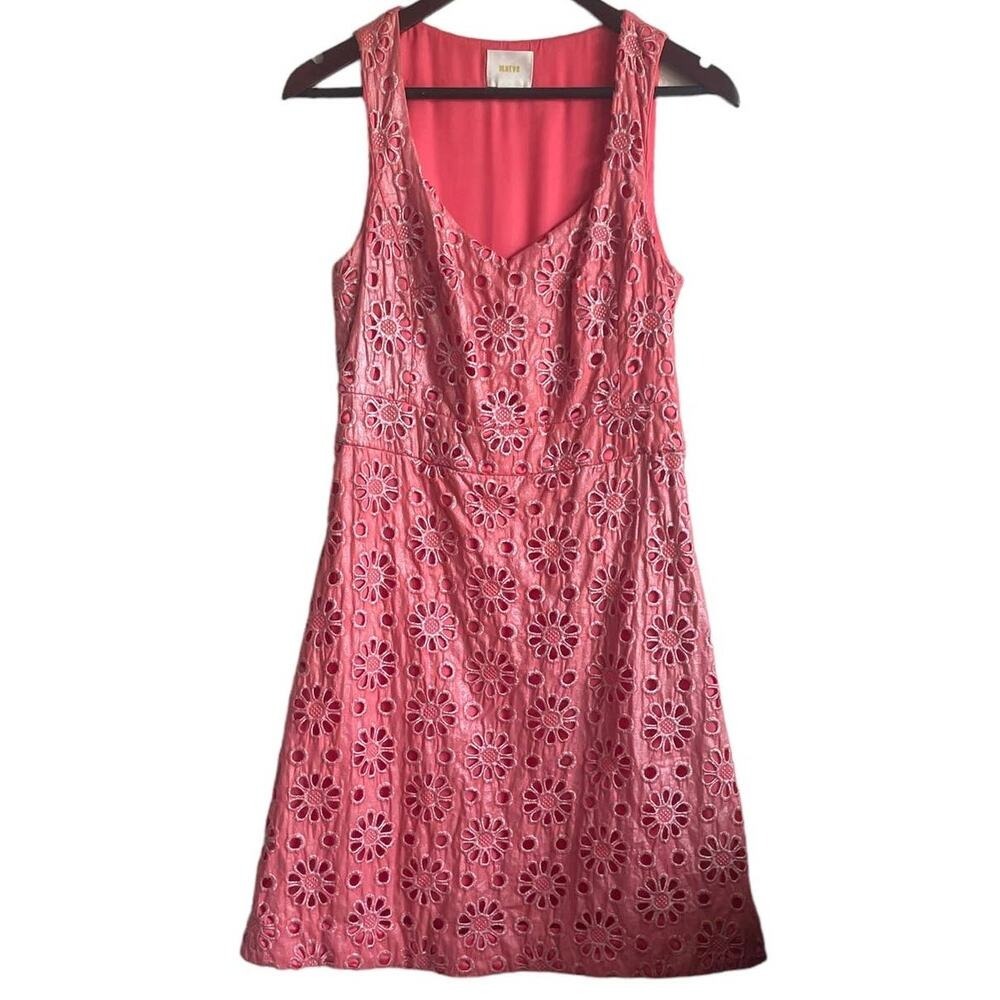 Maeve Coquette Cottagecore Dress 6 Coral Pink Metallic Floral Embroidered Eyelet